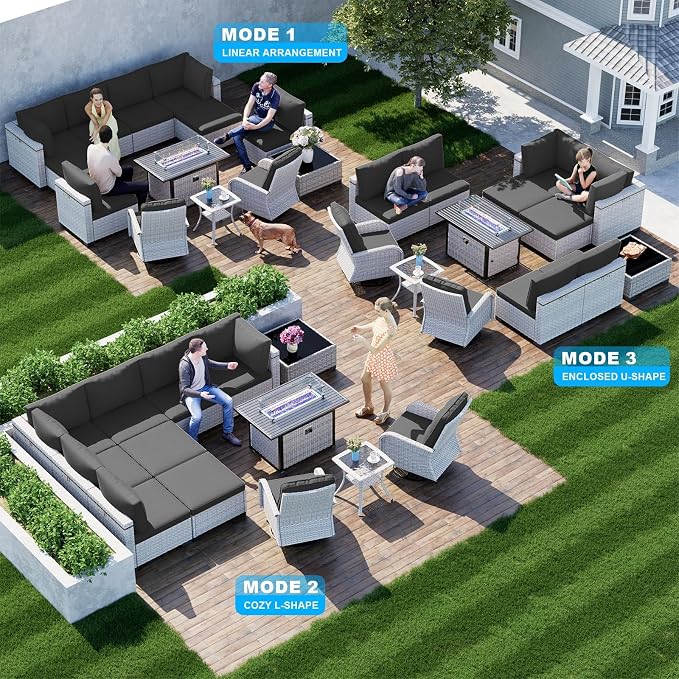 13-Piece Patio Furniture Set, Outdoor Patio Furniture with Swivel Chairs Set, Ottomans, 55,000 BTU Fire Pit Table, Modular Patio Sofa, Dual-Strand Wicker Rattan, Rust-Resistant Frame, Black