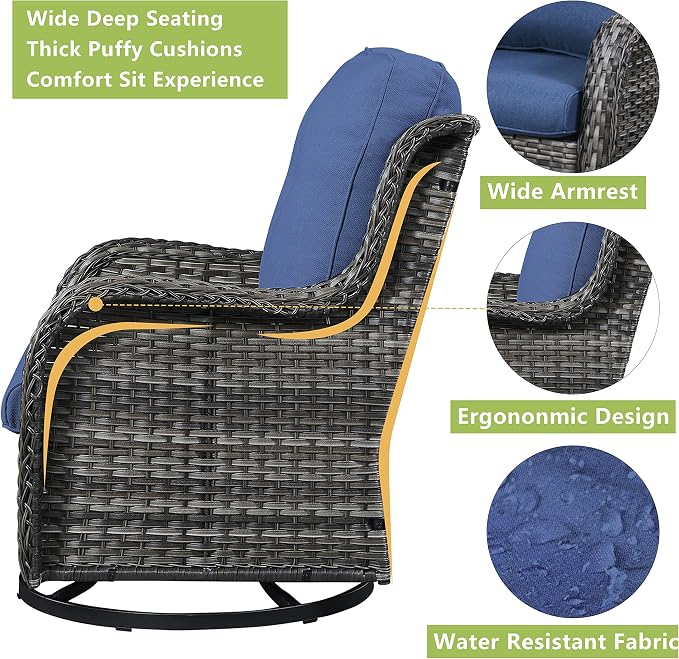 Rilyson Wicker Patio Furniture Set - 5 Piece Rattan Outdoor Sectional Conversation Sets with 2 Rocking Swivel Chairs,2 Ottomans and 1 Loveseat for Porch Deck Garden(Mixed Grey/Blue)