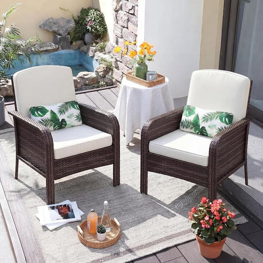 GarveeTech Outdoor Wicker Chairs,2-Piece Brown Patio Furniture Set, All-Weather High-Back Rattan Chair with Thick Cushions for Deck, Porch, Balcony, Backyard, Garden(Brown Wicker with Beige Cushions)
