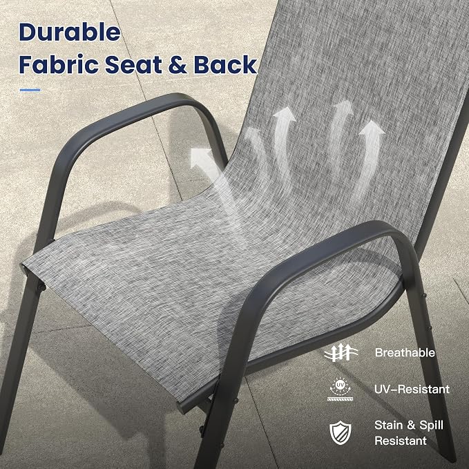 VICLLAX Round Patio Dining Set for 8, Metal Slatted Patio Table with Umbrella Hole and Stackable Patio Chairs for Deck Lawn Garden, Grey Fabric and Antique Grey Tabletop