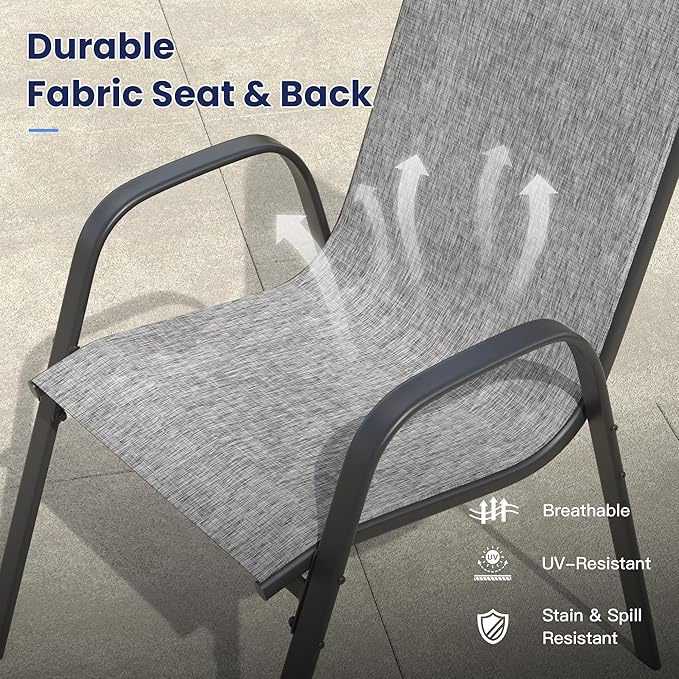 VICLLAX Round Outdoor Patio Dining Set for 4, Metal Slatted Patio Table with Umbrella Hole and 4 Stackable Patio Chairs for Deck Lawn Garden, Grey Fabric and Antique Grey Tabletop
