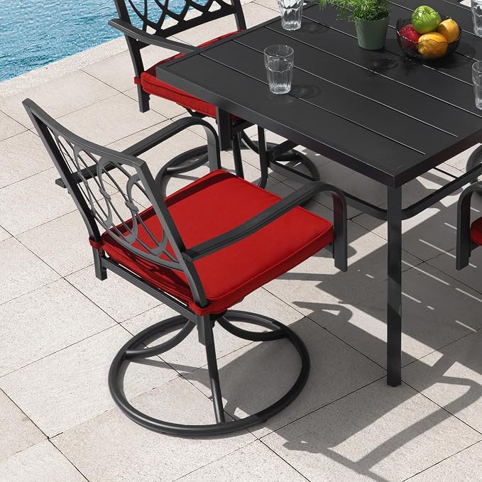 NUU GARDEN 5 Piece Outdoor Dining Set, 4 Swivel Patio Dining Chairs and 37 Inch Square Dining Table with 1.6'' Umbrella Hole and Red Removable Cushions for Garden,Backyard, Deck, Yard, Black
