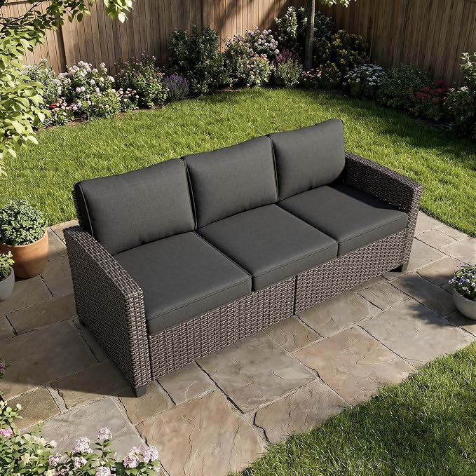 WWR Furniture Set-30% Thicker Wicker-Luxury 1 Piece PatioWicker Outdoor Patio Conversation Set with Extra Wide & Thick Cushions, 3-Seat Sofa Rattan Outdoor Furniture Set for Backyard, Porch & Deck