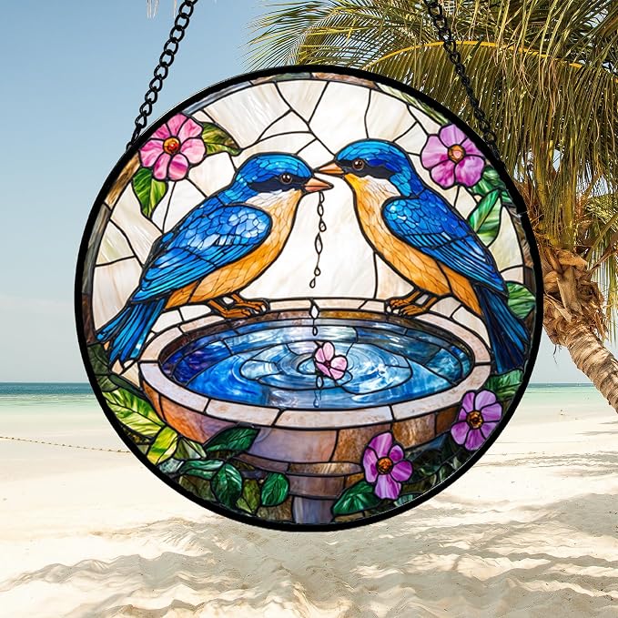 DASTOLL Stained Glass Window Hanging, 2 Blue Birds Suncatcher Diamond Glass Panel Hangings Bird Lover Sun Catchers Decor for Birthday for Women, Men, Wife, Aunt, and Mom 14.9 in