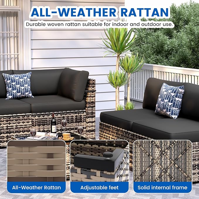 8 Pieces Outdoor Patio Furniture Set with 44" Fire Pit Table Yellow Rattan Sectional Conversation Sets w/Gas Fire Pit, Coffee Table, 1 Waterproof Covers, Black