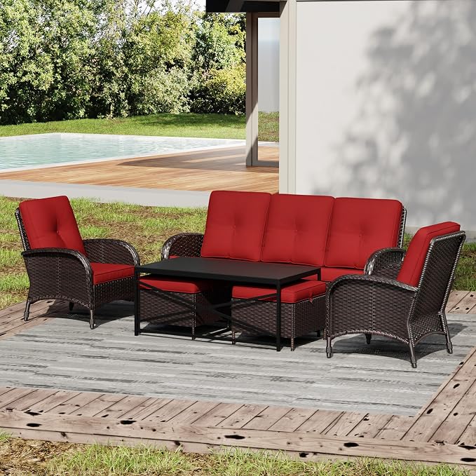 Joyside Wicker Patio Furniture Set, 6 Piece Outdoor Furniture Set with Thickened Cushions, High Back, Deep Seating, Wide Armrest, Rattan Outdoor Chairs for Porch, Deck