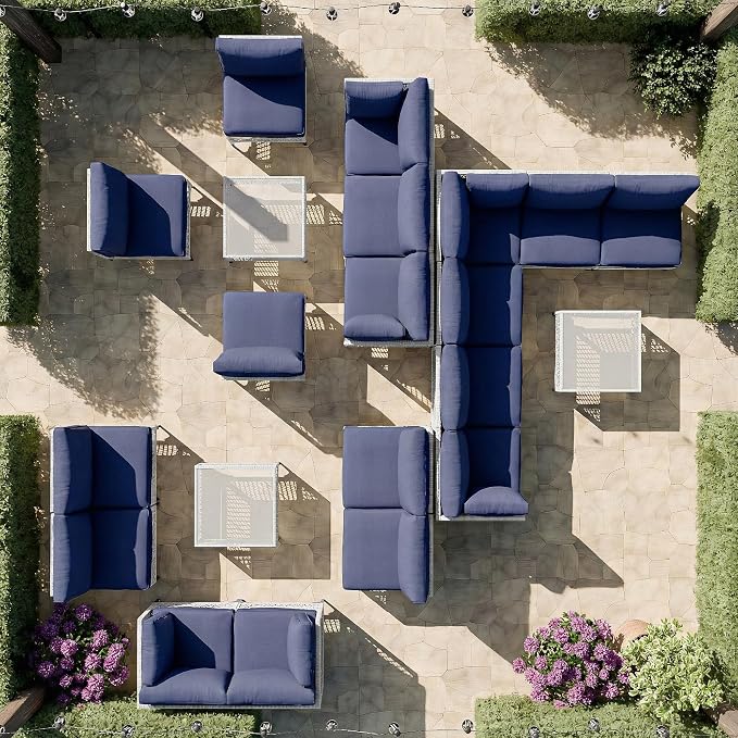 Vikiullf Patio Conversation Set, 7 Piece Outdoor Sectional Sofa Set with Coffee Table, White Wicker with Blue Cushions (White and Blue, 7 piece)
