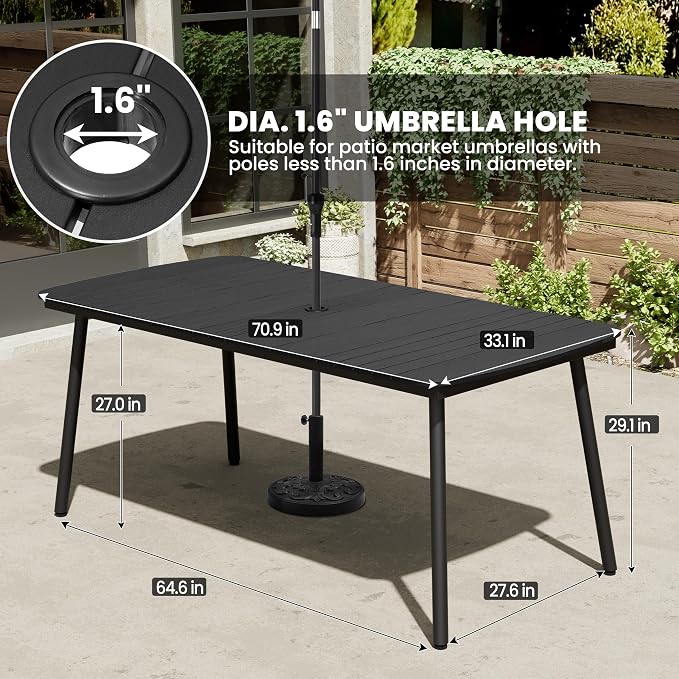70" Outdoor Dining Table for 6, Black Patio Table | 1.6" Umbrella Hole Rectangle Table with Aluminum Frame and Waterproof Wood Grain Tabletop for Lawn Backyard Garden Poolside