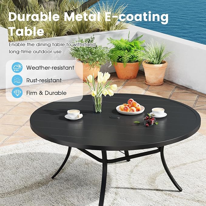 9 Pieces Patio Furniture Dining Set, 8 Textilene Swivel Dining Chairs, 60" Outdoor Round Metal Table with 1.57" Umbrella Hole, Outdoor Dining Set for Porch, Lawn, Garden, Black/Blue