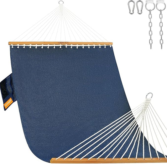 Lazy Daze Hammocks 11 FT Double Outside Hammock Quick Dry Olefin Fabric Hammock with Spreader Bar & Side Pocket for Outdoor Poolside Backyard 450 lbs Capacity, Heather Navy