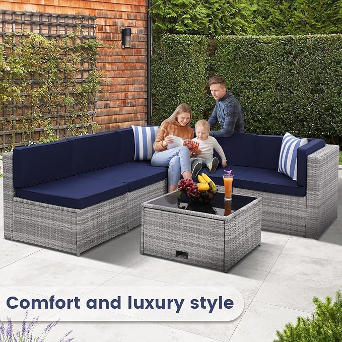 KROFEM 8 Piece Patio Furniture Set, Outdoor Modular Conversation Set, Blue | UV Treated Wickers, Machine Washable Cushions, Seats 6, 2 Hidden Storage Compartments, Rustproof Frame, Waterproof