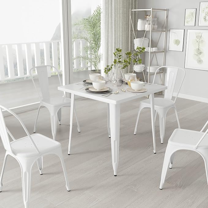 Merrick Lane Nash Indoor-Outdoor Dining Table Only - White Powder Coated Finish - 31.5" Square Top - 27.25" Wide Base - Bracing for Added Stability