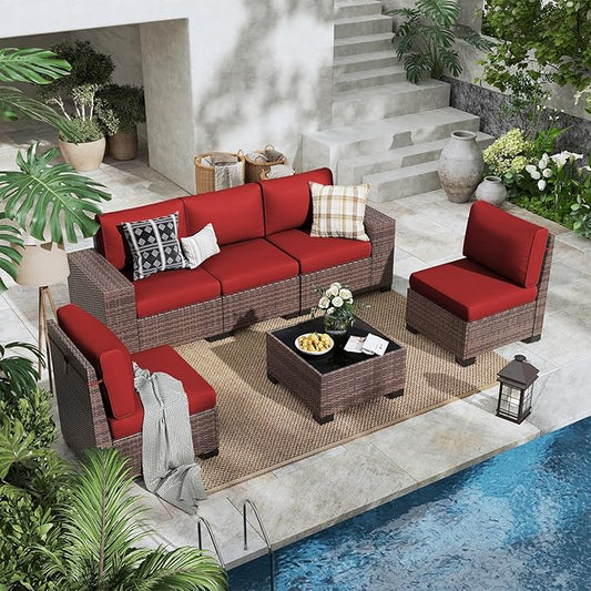 6 Pieces Outdoor Patio Furniture Set with Table Brown Rattan Sectional Sofa Conversation Sets for Balcony Lawn and Garden (Wine, 6 pcs w/Table)