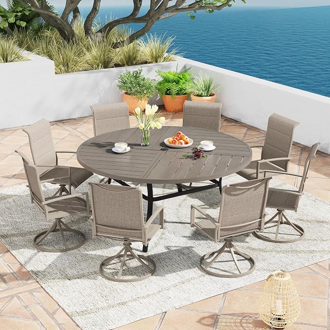 Patio Dining Table for 8-10, Round Metal Outdoor Table with Storage Shelf, 1.57" Umbrella Hole, 63" Outdoor Quartered Tabletop Dining Table for Backyard, Porch, Lawn, Grey