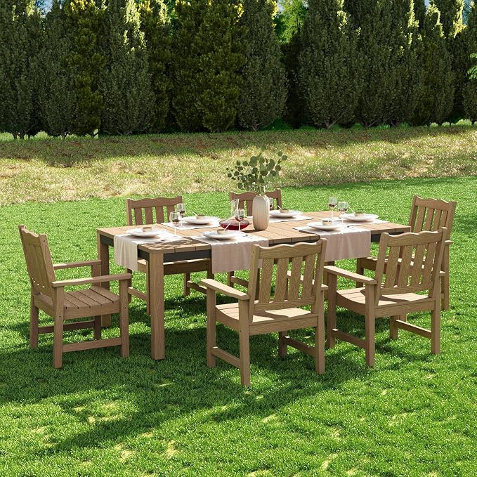 Stoog 7-Piece All-Weather Patio Dining Set, HIPS Dining Table with Cross-Braced Aluminum Frame & Umbrella Hole, 6 Waterproof Chairs, Fade & Rot Resistant, for Backyard, Garden, Deck, Teak