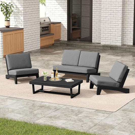 4 Pieces Patio Furniture Sets, All-Weather Outdoor Wood Bistro Set Patio Conversation Coffee Table Chiars and Patio Loveseat for Balcony, Backyard
