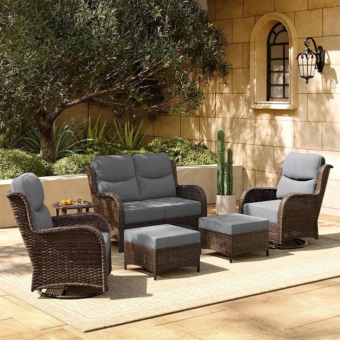 HILLGA 6-Piece Luxury Patio Furniture Set with 6" Thick Cushions, Weather-Resistant Wicker High Back Swivel Rocker Chairs, Senior-Friendly Outdoor Loveseat Set for Deck, Yard and Poolside, Gray(V2)