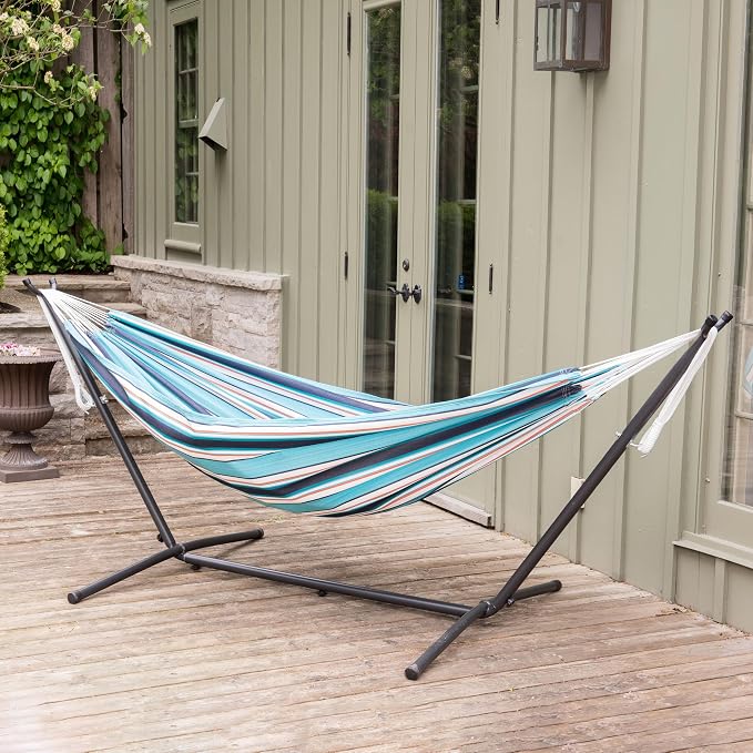 Vivere Double Hammock and Stand Combo – Durable, Comfortable, 450 lb Capacity, Heavy Duty Steel Stand, Tool-Free Assembly, Includes Carry Bag (Token Surfside)