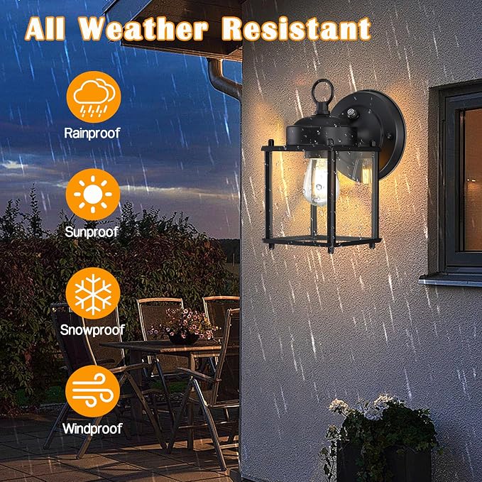 Outdoor Wall Light, Porch Lamp, Dusk to Dawn, Black | Exterior Wall Sconce Fixture for House, Garage, Patio, Rustproof Waterproof, Metal Housing with Glass, E26 Base, 4 Pack