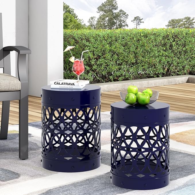 Set of 2 Round Metal Patio Side Tables Steel Accent End Tables with Geometric Circle Cut-Outs Weather Resistant Small Outdoor Furniture for Deck Pool Yard Balcony No Assembly,Navy Blue
