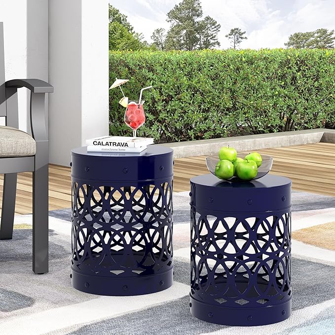 Outdoor Metal Side Table Set of 2, Navy Blue