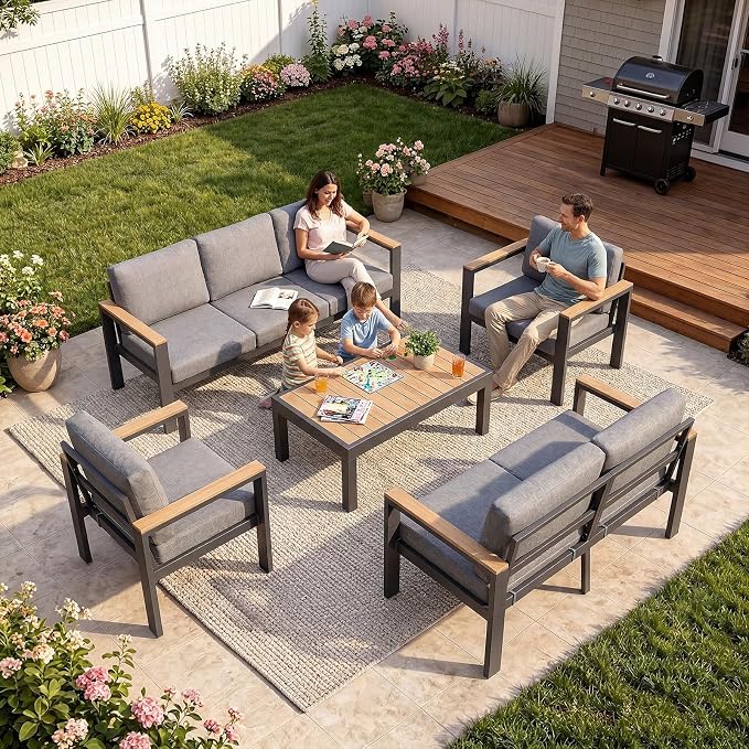 Aluminum Patio Furniture Set,Outdoor Sectional Sofa Set with Powder-Coated Frame, Weather Resistant Patio Conversation Set with Coffee Table, Removable Washable Cushions for Backyard Balcony Porch