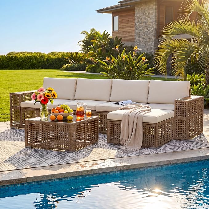 Devoko Patio Furniture Set,6 Pieces Outdoor Sectional Sofa with Cup Holder and 7.87in Wider Armrest, PE Wicker Backyard Couch Set with Coffee Table&Glass Tabletop for Deck, Porch（6 pcs）