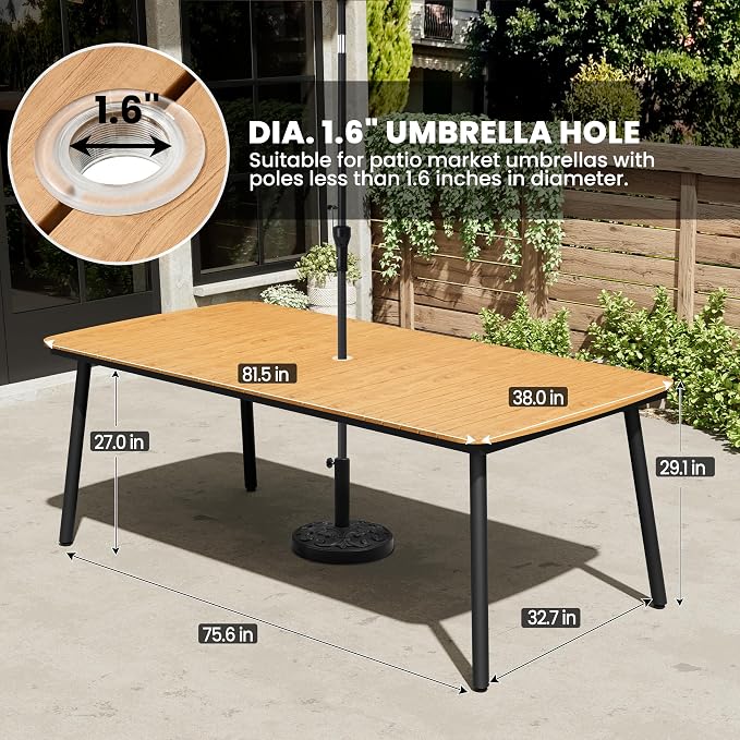 82" Outdoor Dining Table for 8, Brown Patio Table with Umbrella Hole Rectangle Dining Table with Aluminum Frame and Waterproof Wood Grain Tabletop for Lawn Backyard Garden Poolside