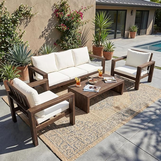 4 Pieces Patio Sofa Set Outdoor Seating Group 5-Person Sofa Set Outdoor Conversation Set with Cushions and a Coffee Table for Garden, Backyard,Balcony,Poolside (Mocha#50)