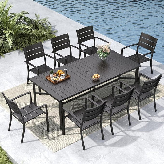 MFSTUDIO Patio Dining Set for 8, Black Metal Outdoor Table and Chairs Set with Umbrella Hole, 9 Piece Wrought Iron Patio Furniture Dining Set for Deck Backyard Garden
