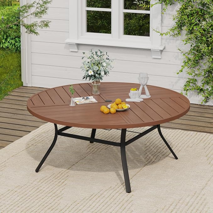 VICLLAX Outdoor Table and Chairs Set for 8, Patio Dining Set of 60 Metal Round Patio Table with Umbrella Hole & 9 Swivel Outdoor Dining Chairs for Backyard Lawn, Charcoal & Walnut