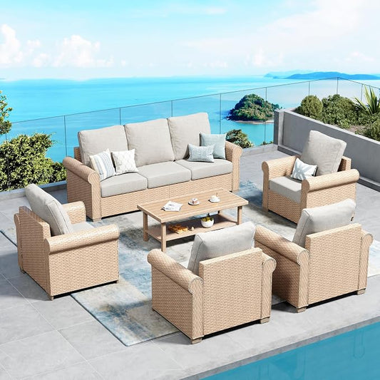 SUNSHINE VALLEY Patio Furniture Set 6 pcs, Wicker Rattan Sofa with 5.5" Thick Waterproof Cushions, 4 Chairs and Coffee Table, All Weather Outdoor Conversation Set for Backyard Deck, 7 Seats Beige