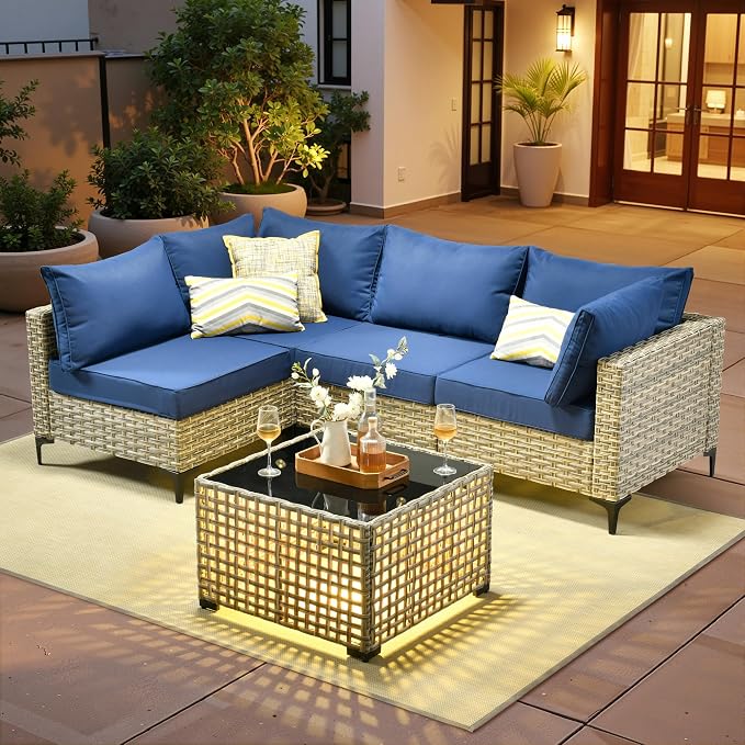 5 Pieces Patio Sectional Furniture Set, Outdoor Wicker Sectional Couch with Solar Lights Table, Modern Conversation Set for Porch Balcony Backyard, Navy Blue