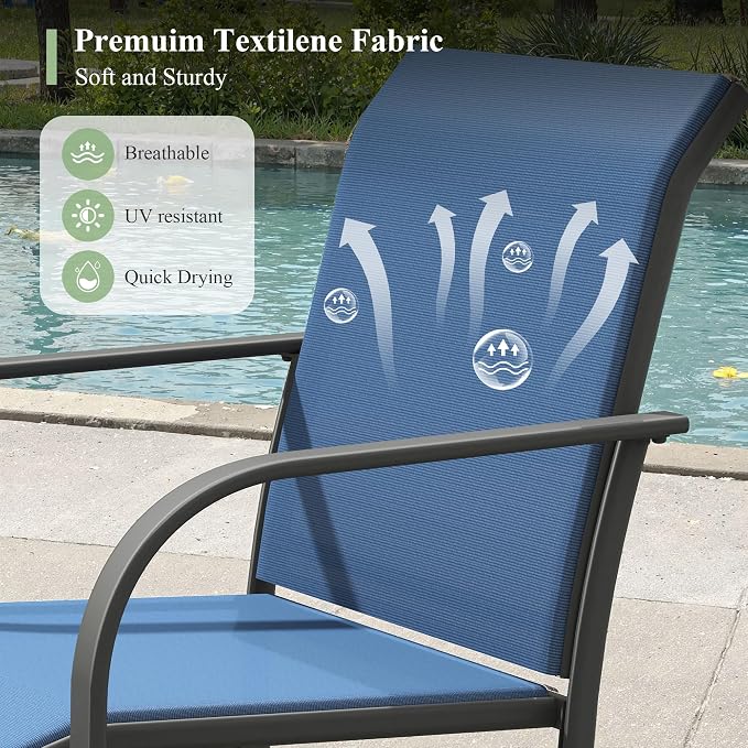 5 Pieces Outdoor Dining Set, Stackable Textilene Paito Chairs & 37.8" Square Dining Table with Umbrella Hole and Shelf, Patio Dining Set for Backyard, Deck, Garden, Dark Blue & Black
