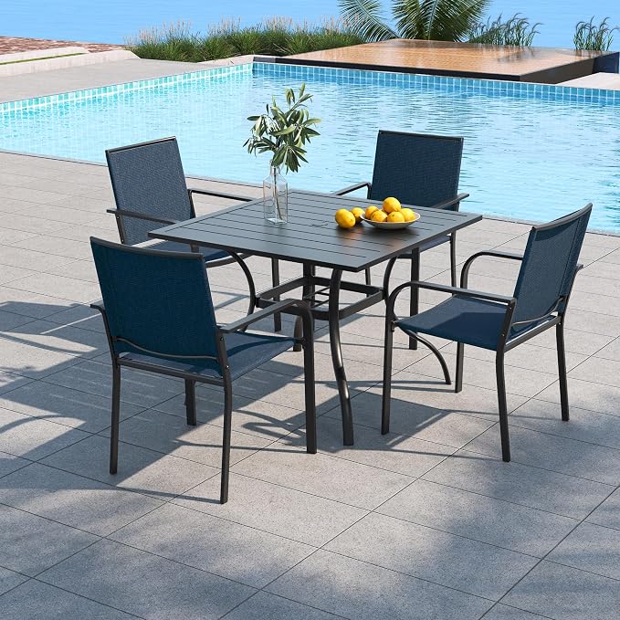 5 Piece Outdoor Patio 35" Square Table and Navy Blue Stackable Chairs Set | 4 Piece Stackable Chairs, Textilene Seat&Back, Metal Table, Slat Table Top, 4 Person Use, 1.57" Umbrella Hole, All Weather