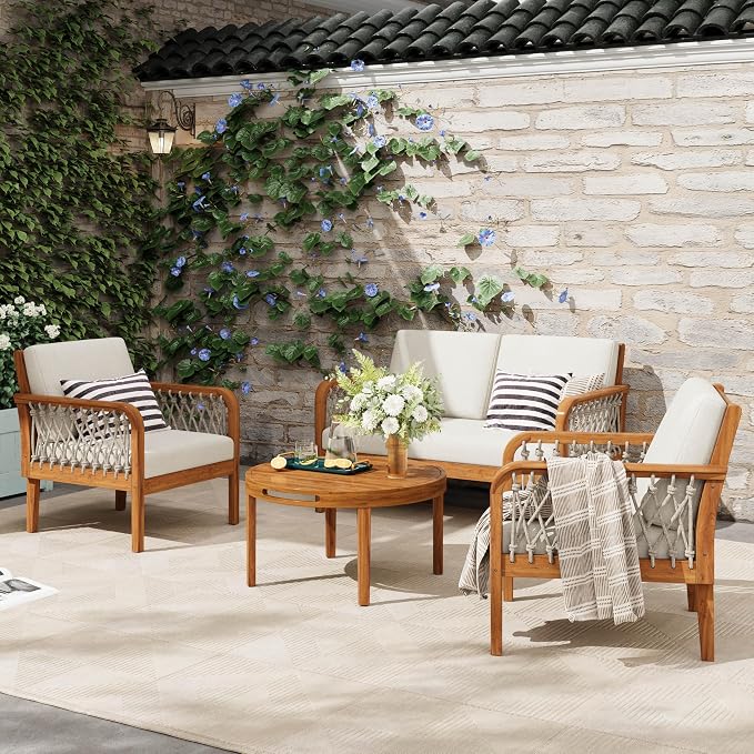 Merax 4-Piece Outdoor Acacia Wood Patio Conversation Set, 2 Club Chairs + Loveseat & Coffee Table with Handwoven Rope & Cushions, Furniture Set for Garden, Balcony, Poolside, Teak