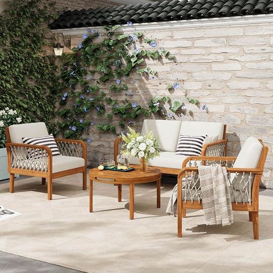 Merax 4-Piece Outdoor Acacia Wood Patio Conversation Set, 2 Club Chairs + Loveseat & Coffee Table with Handwoven Rope & Cushions, Furniture Set for Garden, Balcony, Poolside, Teak
