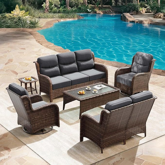 HILLGA Luxury Outdoor Patio Furniture Set with 6-Inch Thick Cushions, High Back Wicker Swivel Rocker Chairs, 6 Pcs All Weather Conversation Set for Large Deck, Yard and Poolside, Gray (V3)