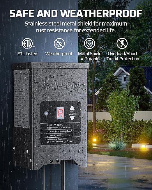 DEWENWILS 150W Low Voltage Landscape Lighting Transformer, 120V to 12/15V AC, Metal Shield, Outdoor Low Voltage Landscape Transformer, Photocell & Timer, Landscape Lighting Transformer