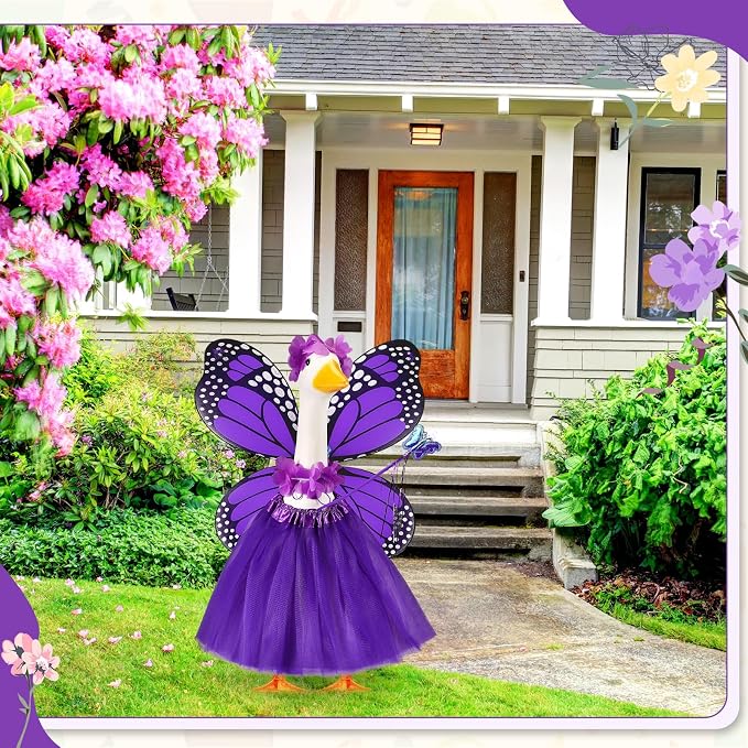 5pcs Butterfly Porch Goose Outfit Costume Tutu Skirt Butterfly Wing Wand Flower Crown for 17‘' 23‘' Cement Goose