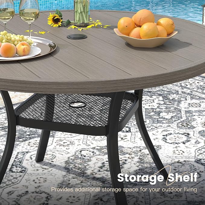 VICLLAX 40.6" Round Metal Outdoor Dining Table for 4, Patio Table with Umbrella Hole and Storage Shelf for Garden, Lawn, Deck, Grey