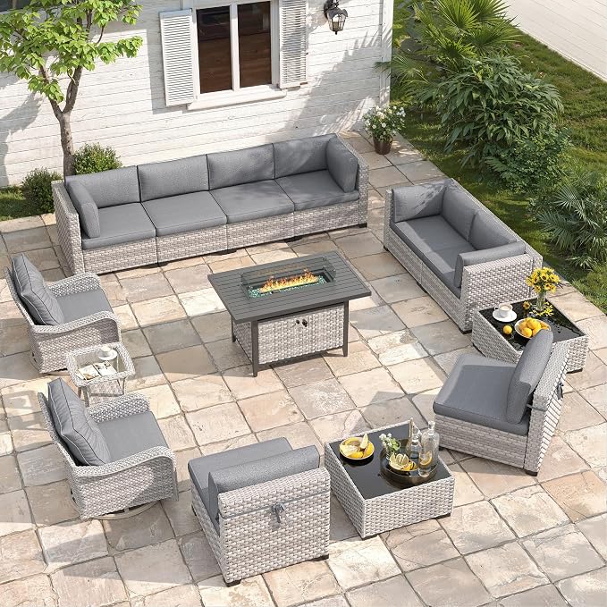 10-Seat Outdoor Wicker Patio Furniture Set with Fire Pit Table, Modular Rattan Sectional Sofa & 2 Swivel Rocking Chairs, 4" Thick Cushions, Rust-Resistant Frame,Black