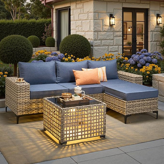 5 Pcs Patio Outdoor Furniture Set - All Weather Wicker Outdoor Sectional Sofa Couch with Coffee Table and Ottoman,Patio Modular Rattan Conversation Set for Garden Deck Yard,Denim Blue
