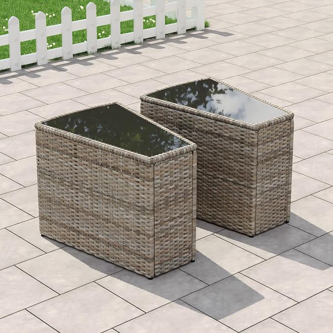 LUXOAK Wicker Outdoor Side Table with Storage and Glass Top, Brown | Patio Wedge End Table, Outdoor Sectional Sofa Companion, UV-Resistant PE Rattan, Tempered Glass Top, Hidden Storage