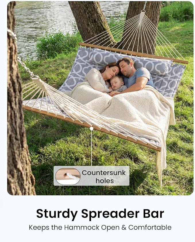 ANAGOO Double Hammock with Spreader Bar & Pillow, 2-Person Portable Hammock, 500lbs Capacity for Outdoor Camping, Patio, Backyard, Garden, Beach & Travel Relaxation – White Gray