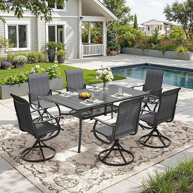 DIFY Outdoor Dining Set for 6, 7 Piece Patio Table and Chairs Set, Swivel Patio Chairs with Dark Grey Textilene & 59.2" Black Rectangle Metal Dining Table with Umbrella Hole, for Garden Backyard Deck