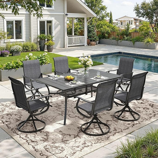 DIFY Outdoor Dining Set for 6, 7 Piece Patio Table and Chairs Set, Swivel Patio Chairs with Dark Grey Textilene & 59.2" Black Rectangle Metal Dining Table with Umbrella Hole, for Garden Backyard Deck