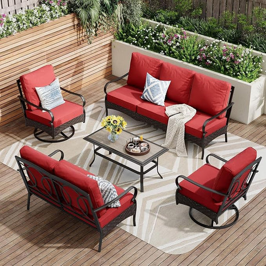 PHI VILLA Outdoor Modern Patio Furniture Set, Upgraded Wicker & Metal Patio Conversation Set with Waterproof Thick Cushions for Porch, Poolside, Yard (5 Pieces,Red)