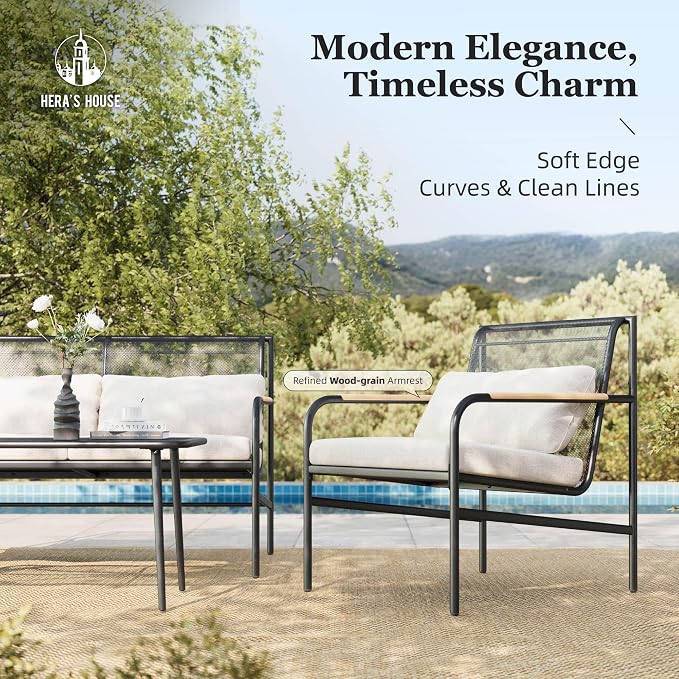 HERA'S HOUSE Patio Furniture Set, 4 Pieces Outdoor Furniture Set with 6.7'' Thick Cushions, All-Weather Patio Conversation Set with Coffee Table for Backyard, Poolside, Deck-Beige