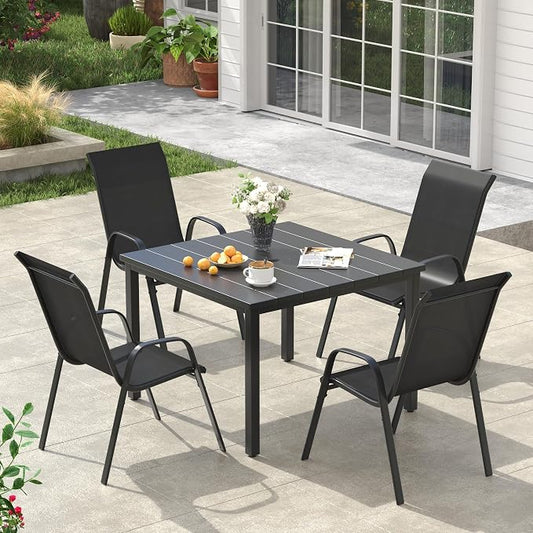 VICLLAX Square Outdoor Patio Dining Set, Metal Slatted Patio Table with Umbrella Hole and 4 Stackable Patio Chairs for Deck Lawn Garden, Black Fabric and Black Tabletop